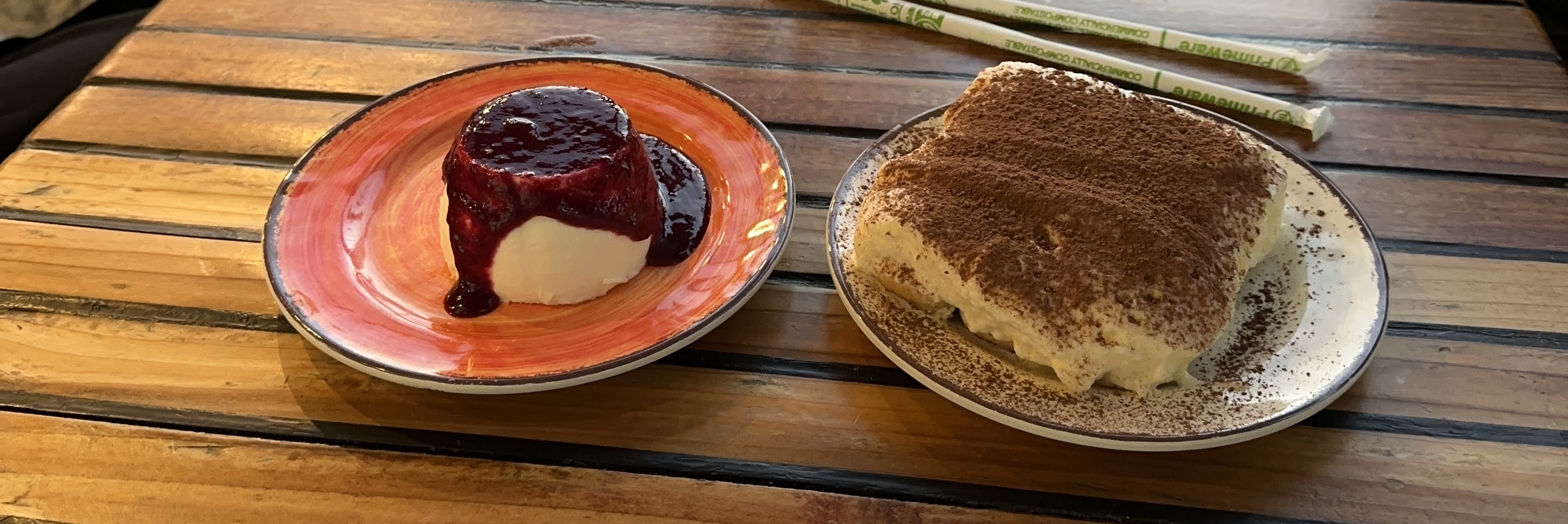 PANNA COTTA on the left TIRAMISU on right